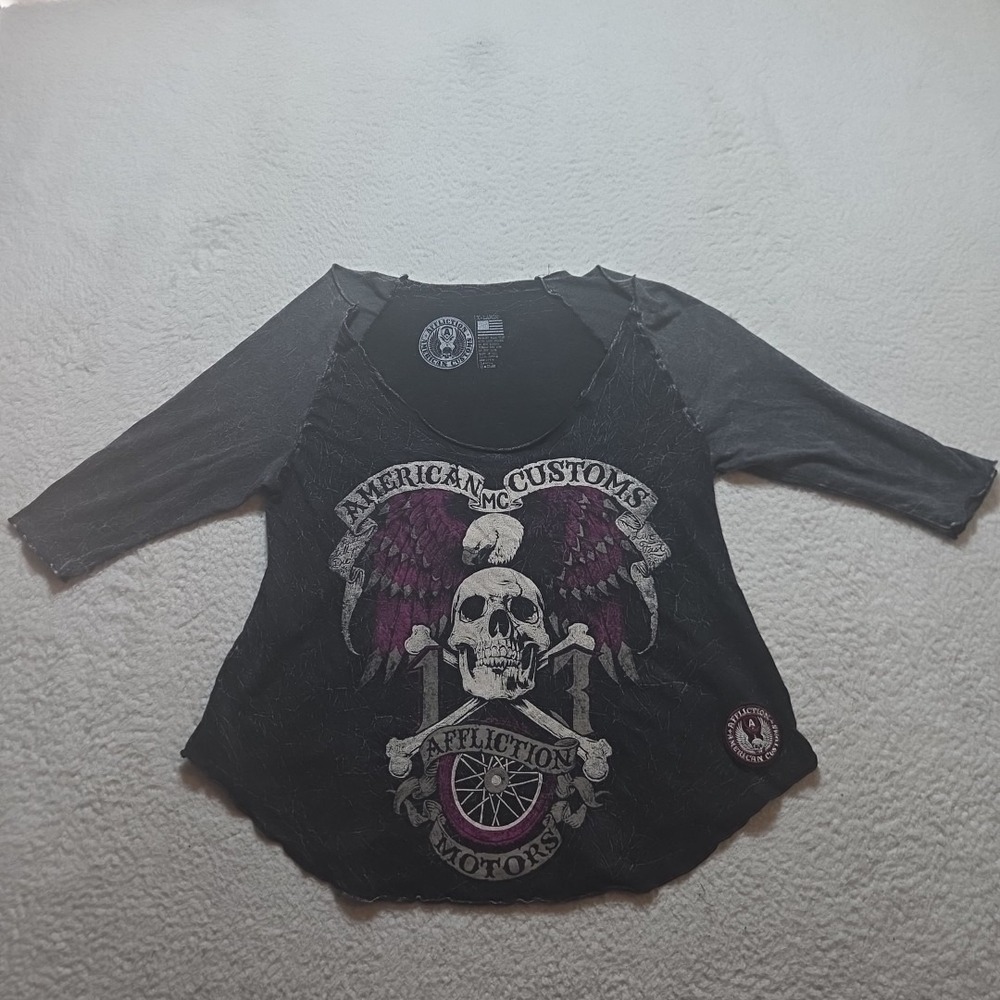 Affliction Motors Skull Bones‎ Wings Womens 3/4 Sleeve T-Shirt Black Size XL